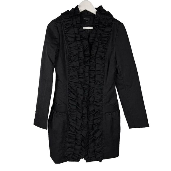 Samuel Dong Ruffled Trench Coat size Small Black Taffeta